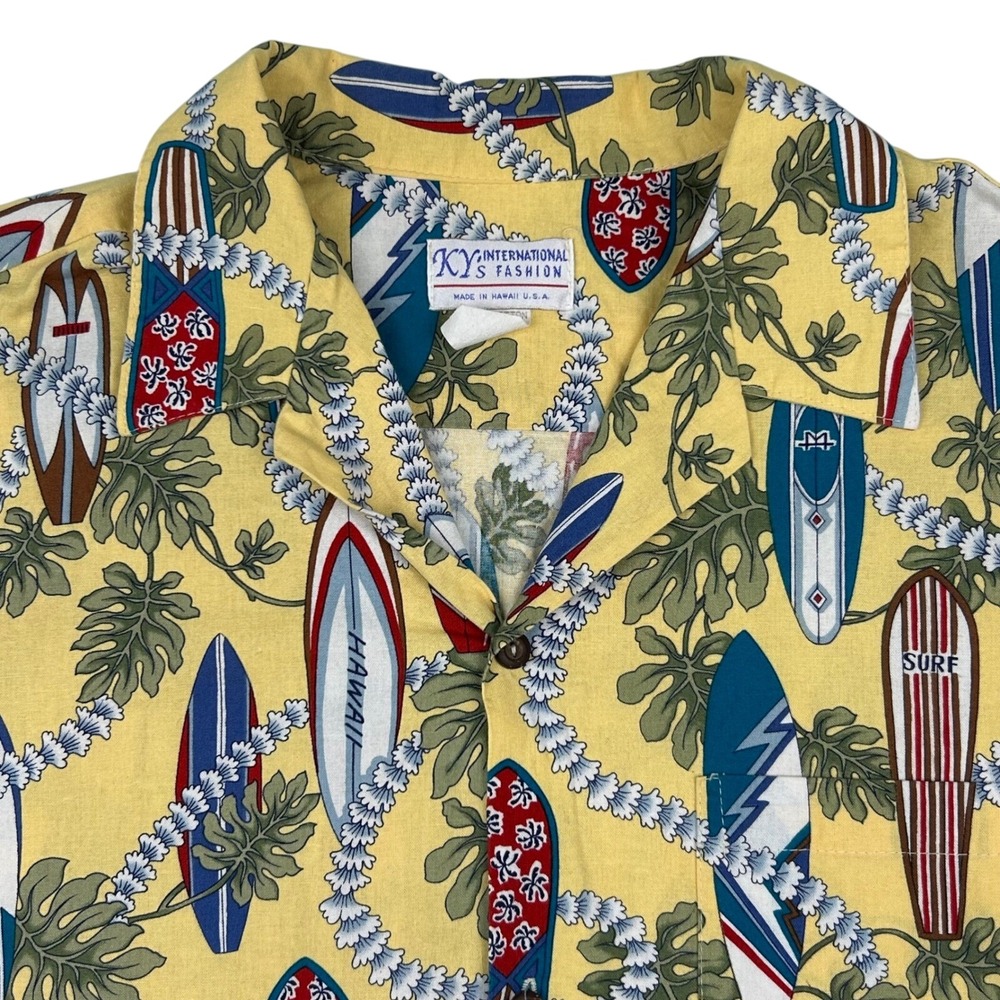 KYs International Fashion Mens Yellow Surfboard Print Hawaiian Shirt Med VTG USA